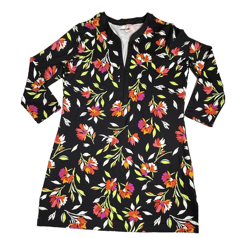 Lands' End Floral Swim Cover Up Tunic Dress Beach Nylon XS-596